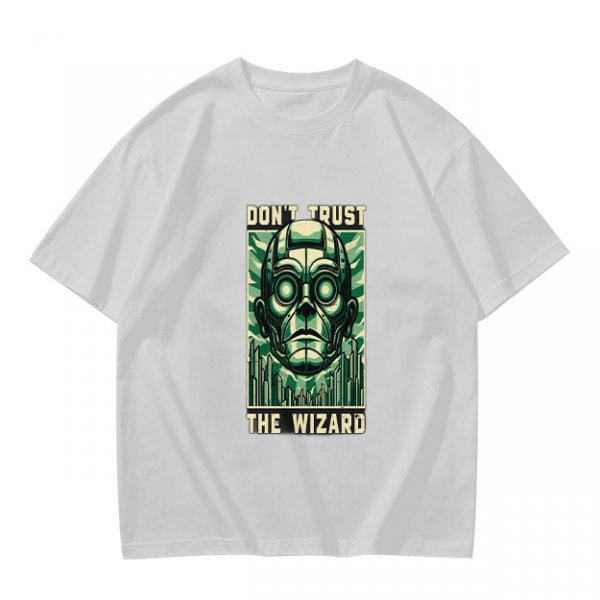 Olive green t-shirt with 'Don't Trust The Wizard' robot graphic print