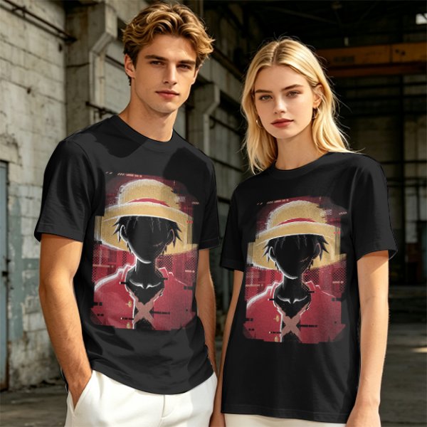 Olive T-shirt with Glitch Art Monkey D Luffy Straw Hat Print