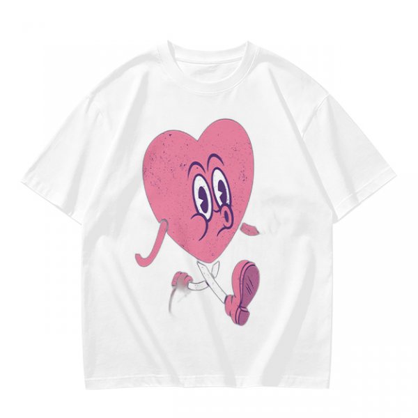 Oversized Olive T-Shirt with Retro Walking Pink Heart Cartoon Graphic