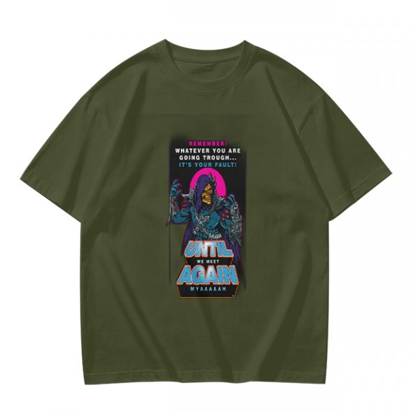 Olive graphic t-shirt with villain character and humorous text print