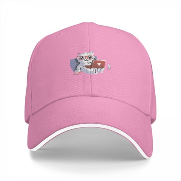 Black Baseball Cap With Cute Working Cat Graphic Print