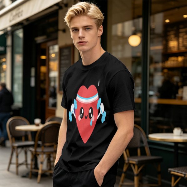 Olive T-Shirt With Cute Cartoon Heart Lifting Dumbbells Print