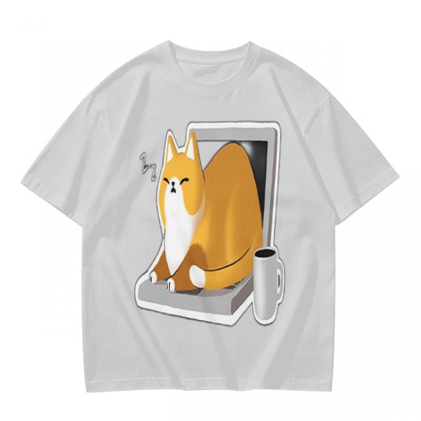Olive T-Shirt with a Sleeping Cat on a Laptop Print