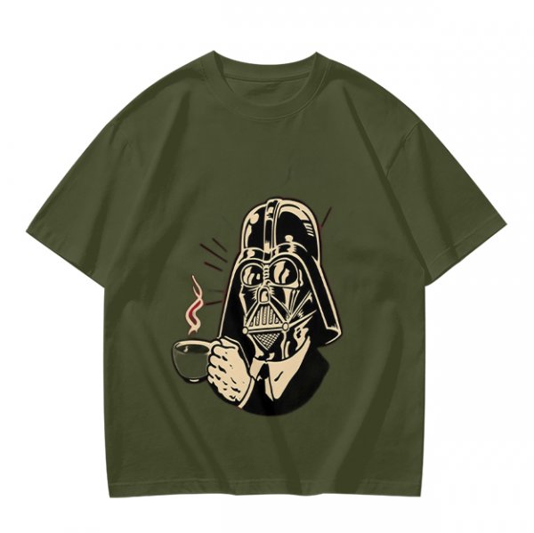 Olive T-shirt with Darth Vader holding a steaming coffee cup