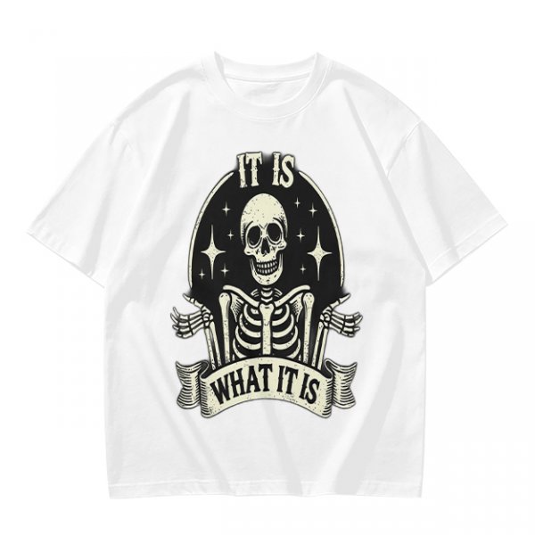 Olive t-shirt with skeleton graphic and 'It Is What It Is' text