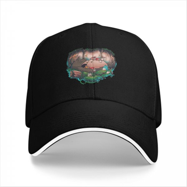 Black baseball cap with forest spirit creature graphic print