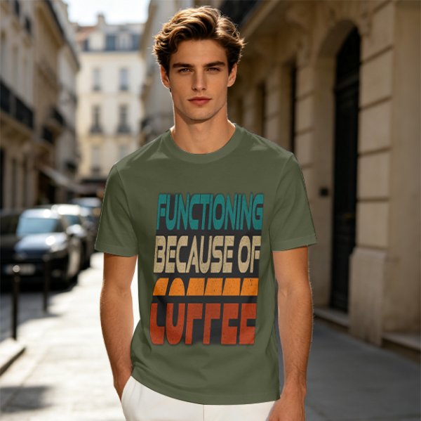 Olive Graphic T-Shirt with 'Functioning Because Of Coffee' Retro Print