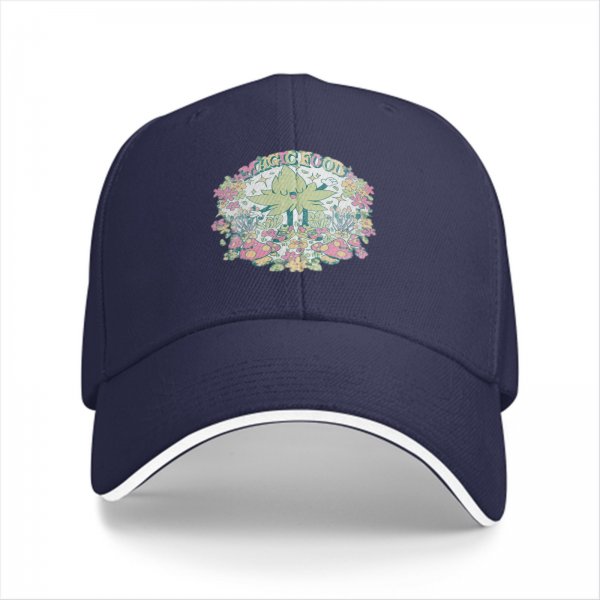 Black baseball cap with whimsical magical plant and mushroom graphic