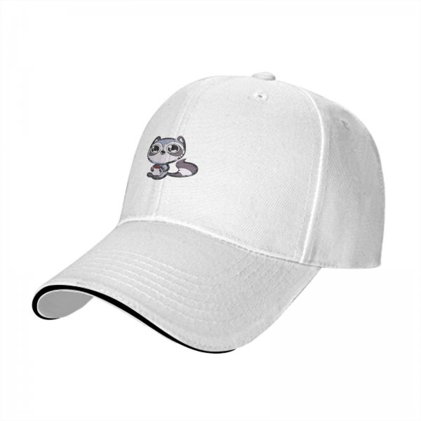 Black baseball cap with cute raccoon holding a coffee cup graphic