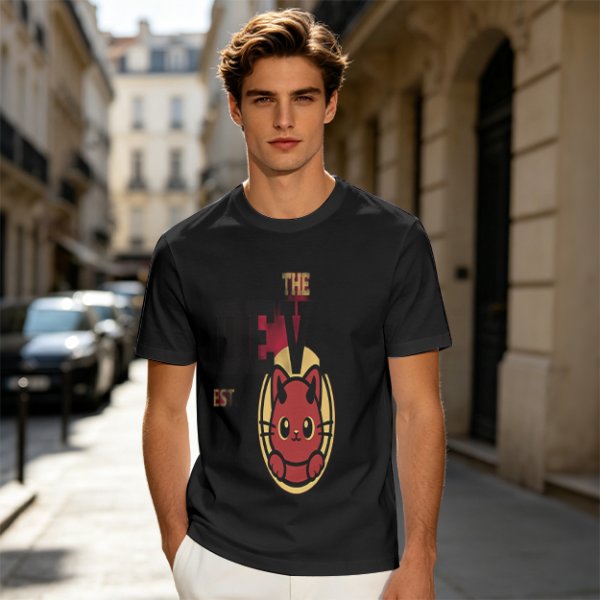 Olive T-Shirt with Red Devil Cat Graphic and The Dev Print