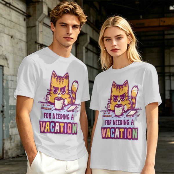 Olive t-shirt with a grumpy cat needing a vacation print