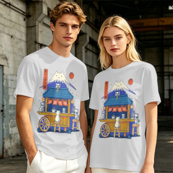 Olive t-shirt with cat ramen stall and Mount Fuji graphic