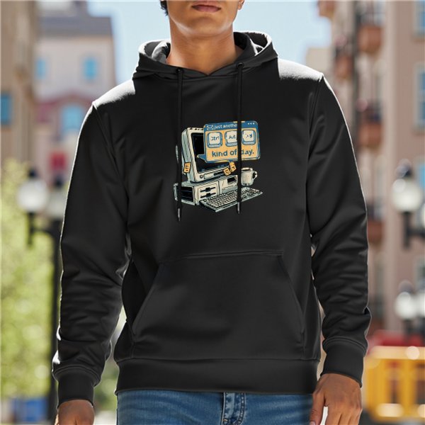 Black hoodie with retro computer 'kind of day' graphic