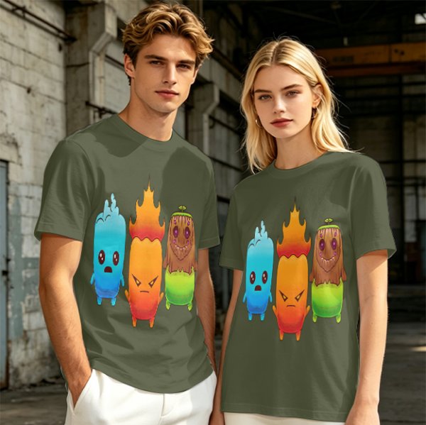 Olive T-Shirt With Cute Water Fire And Earth Elemental Characters