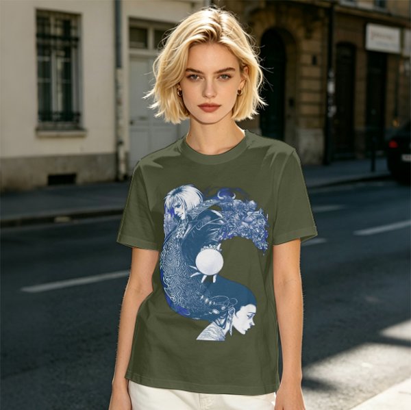 Olive T-Shirt With Two Facing Fantasy Figures And Orb Art Print