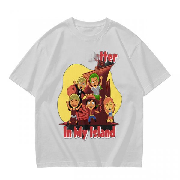 Olive T-Shirt With One Piece Anime Crew 'In My Island' Print