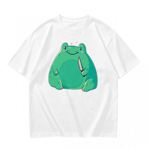 Olive Green T-Shirt With Cute Frog Holding Knife Graphic
