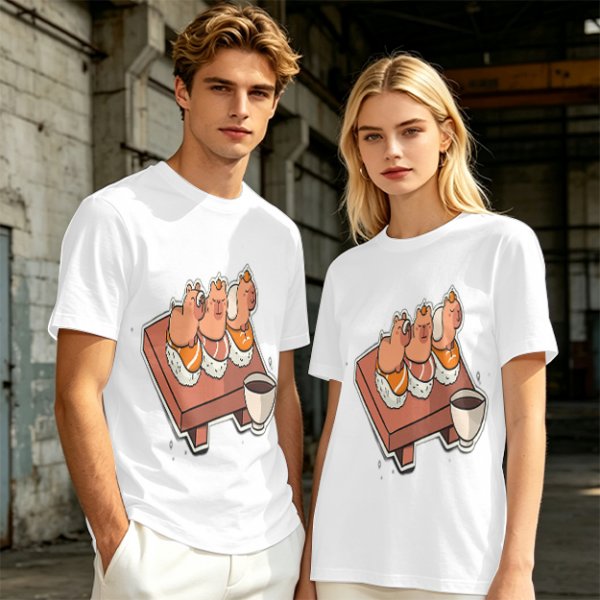 Olive green t-shirt with capybara sushi print design