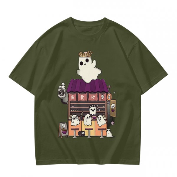 Olive T-Shirt With Ghost Ramen Shop Graphic