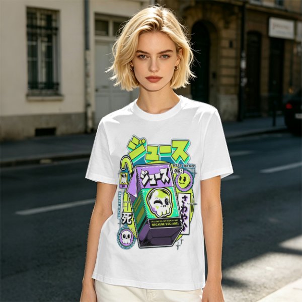 Olive T-shirt with spooky juice box graphic and playful skull art