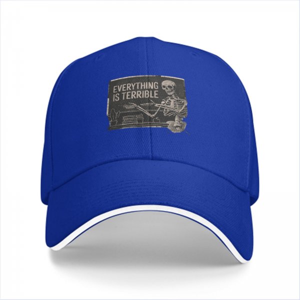 Black baseball cap with 'Everything is Terrible' skeleton graphic