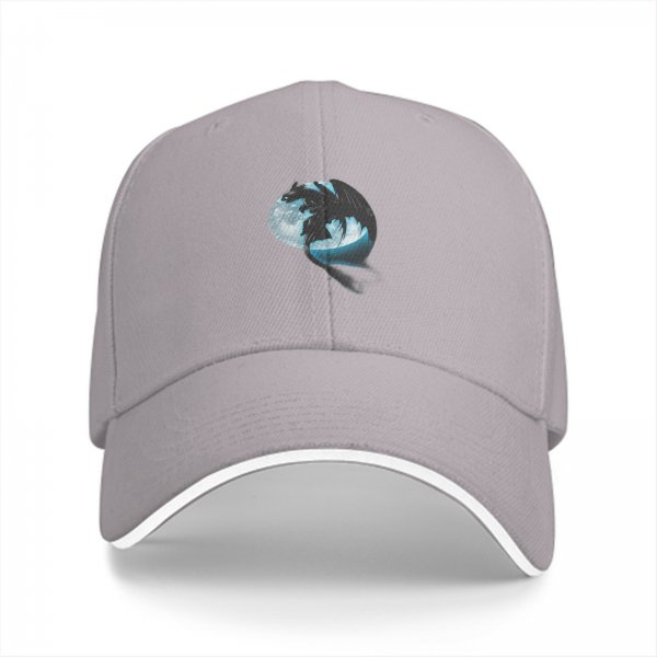 Black Baseball Cap With Dragon Silhouette And Full Moon Print
