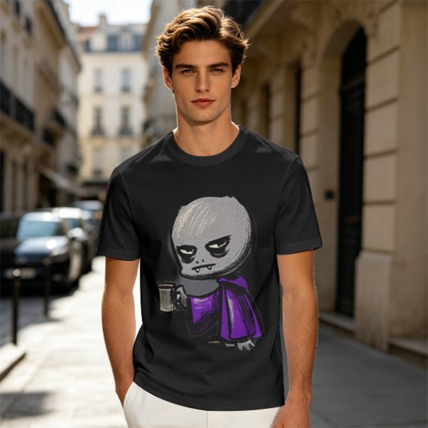 Olive T-Shirt With Grumpy Vampire Holding Coffee Mug Print