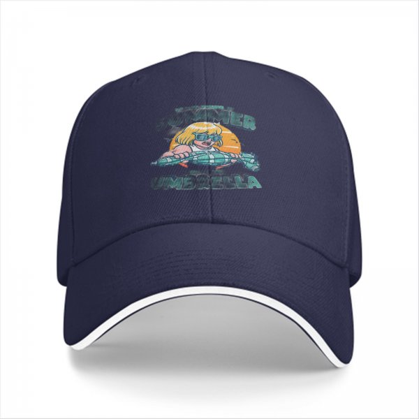 Black baseball cap with summer umbrella graphic and retro sun design