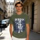 Olive t-shirt with stylized anime warrior graphic and Japanese text