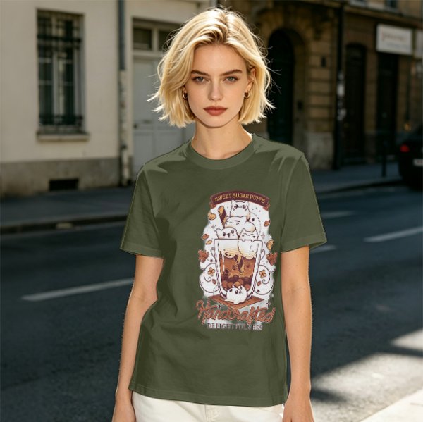 Olive t-shirt with cute cat bubble tea graphic print