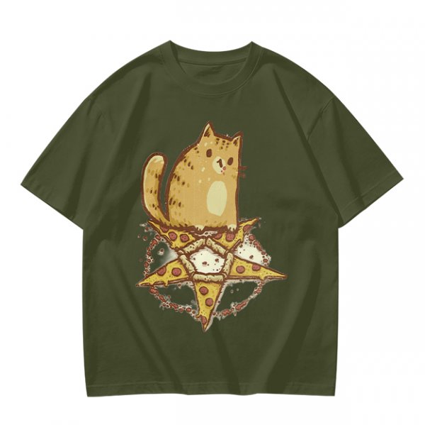 Olive T-Shirt With Cat Sitting On Pizza Pentagram Artwork