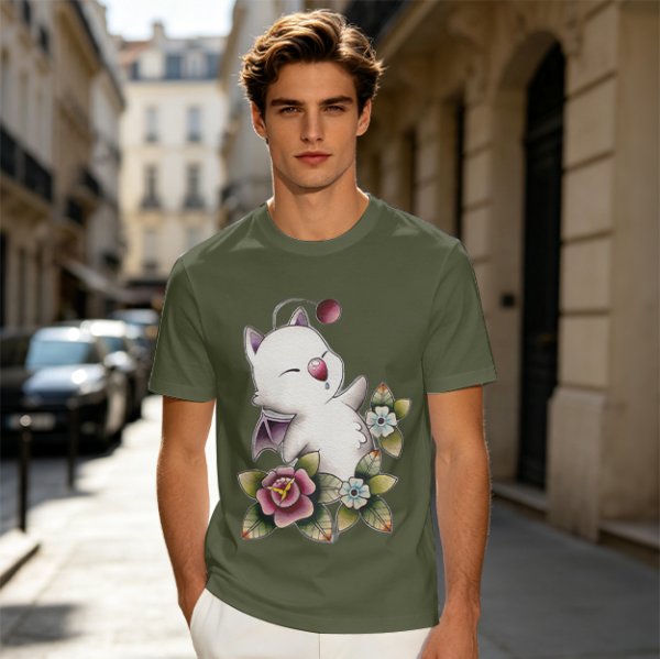 Olive T-Shirt Featuring Cute Fantasy Creature and Floral Art