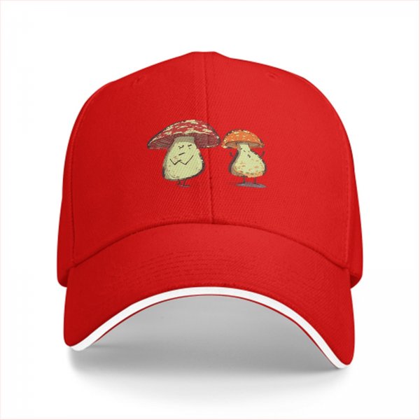 Black Baseball Cap With Cartoon Grumpy Mushroom Characters Print