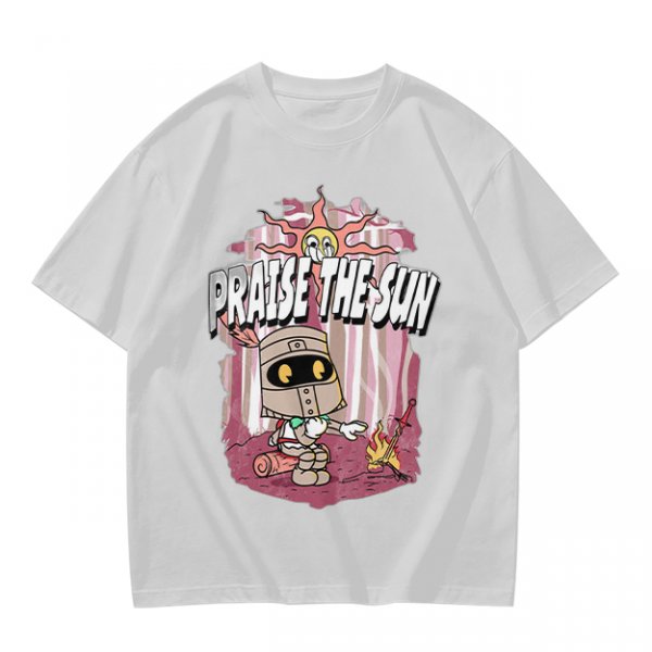 Olive t-shirt with cartoon knight 'Praise the Sun' graphic