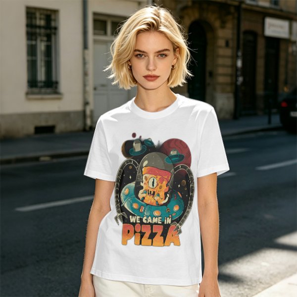 Olive t-shirt with space pizza alien graphic and 'We Came in Pizza' text