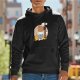 Black hoodie with cartoon dog holding coffee on fire graphic