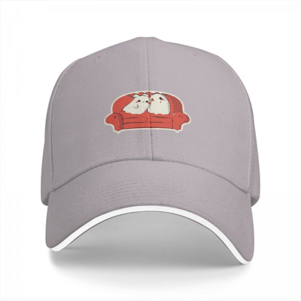 Black baseball cap with cute ghost unicorns sitting on red couch print