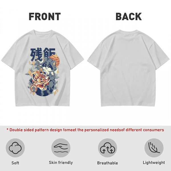 Olive green graphic t-shirt with raccoon eating ramen print