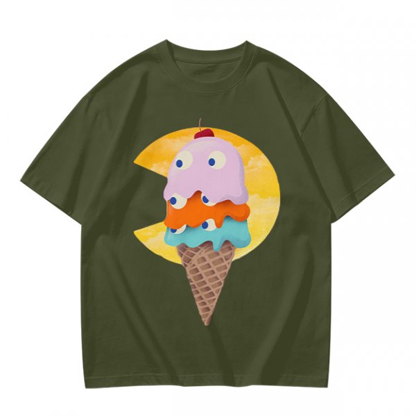 Olive T-Shirt With Melting Ice Cream Ghost Graphic Design