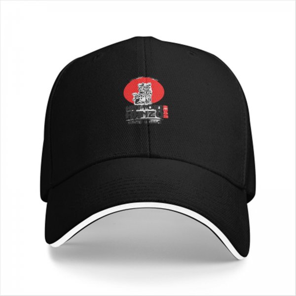 Black baseball cap with red sun and warrior graphic print