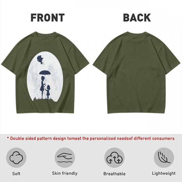 Olive T-Shirt With Moon Silhouette Of Two Children And Umbrella