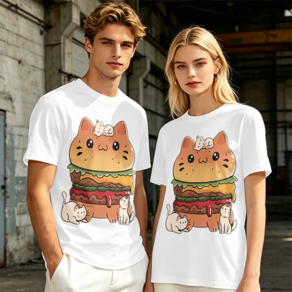 Olive T-Shirt With Cute Cat Burger And Kittens Print