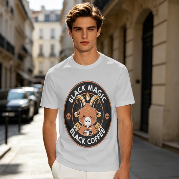 Olive t-shirt with black magic black coffee goat graphic print