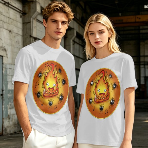Olive T-Shirt Featuring Calcifer and Soot Sprites Artwork