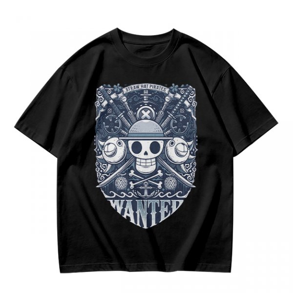 Olive T-shirt with Straw Hat Pirates Wanted Pirate Emblem Print
