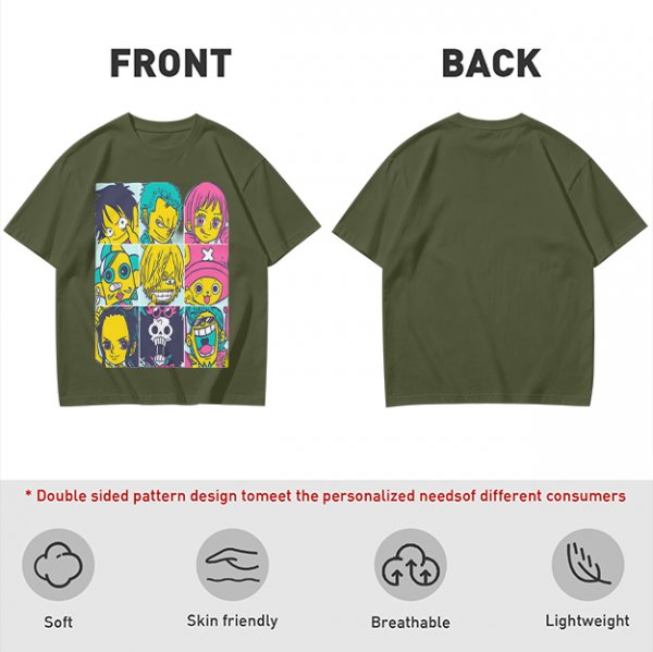 Olive T-shirt with One Piece x Simpsons Style Character Grid Print