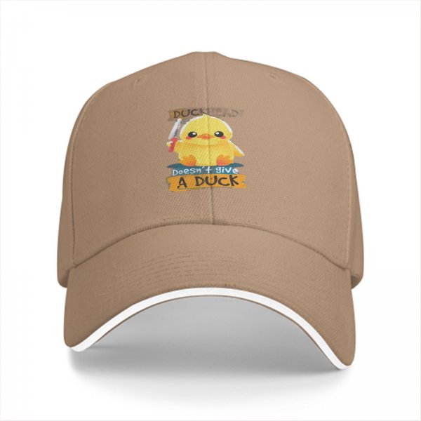 Black baseball cap with funny duck graphic that says doesn't give a duck