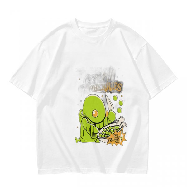 Olive Green T-Shirt With Cute Green Creature Preparing Peas Graphic