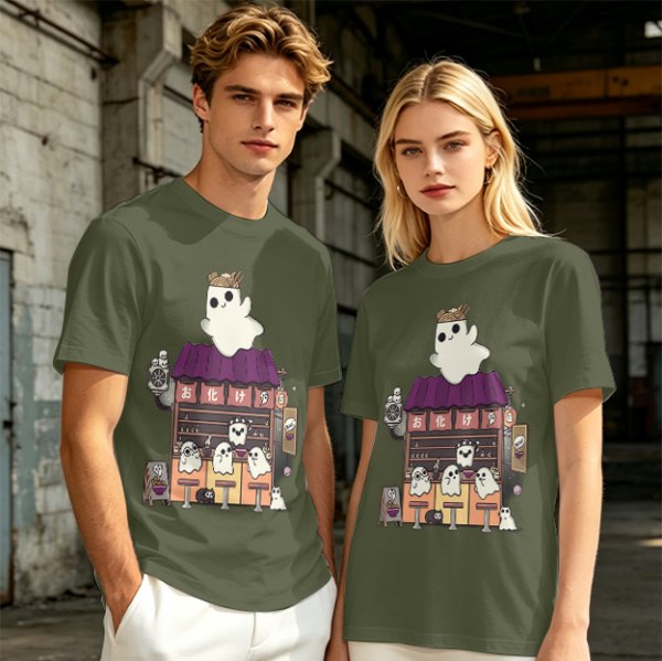 Olive T-Shirt With Ghost Ramen Shop Graphic