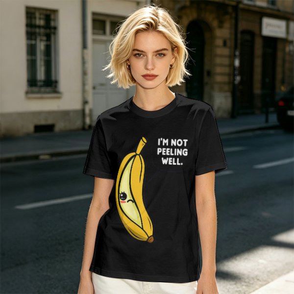 Olive T-shirt with sad banana graphic reading I'm not peeling well